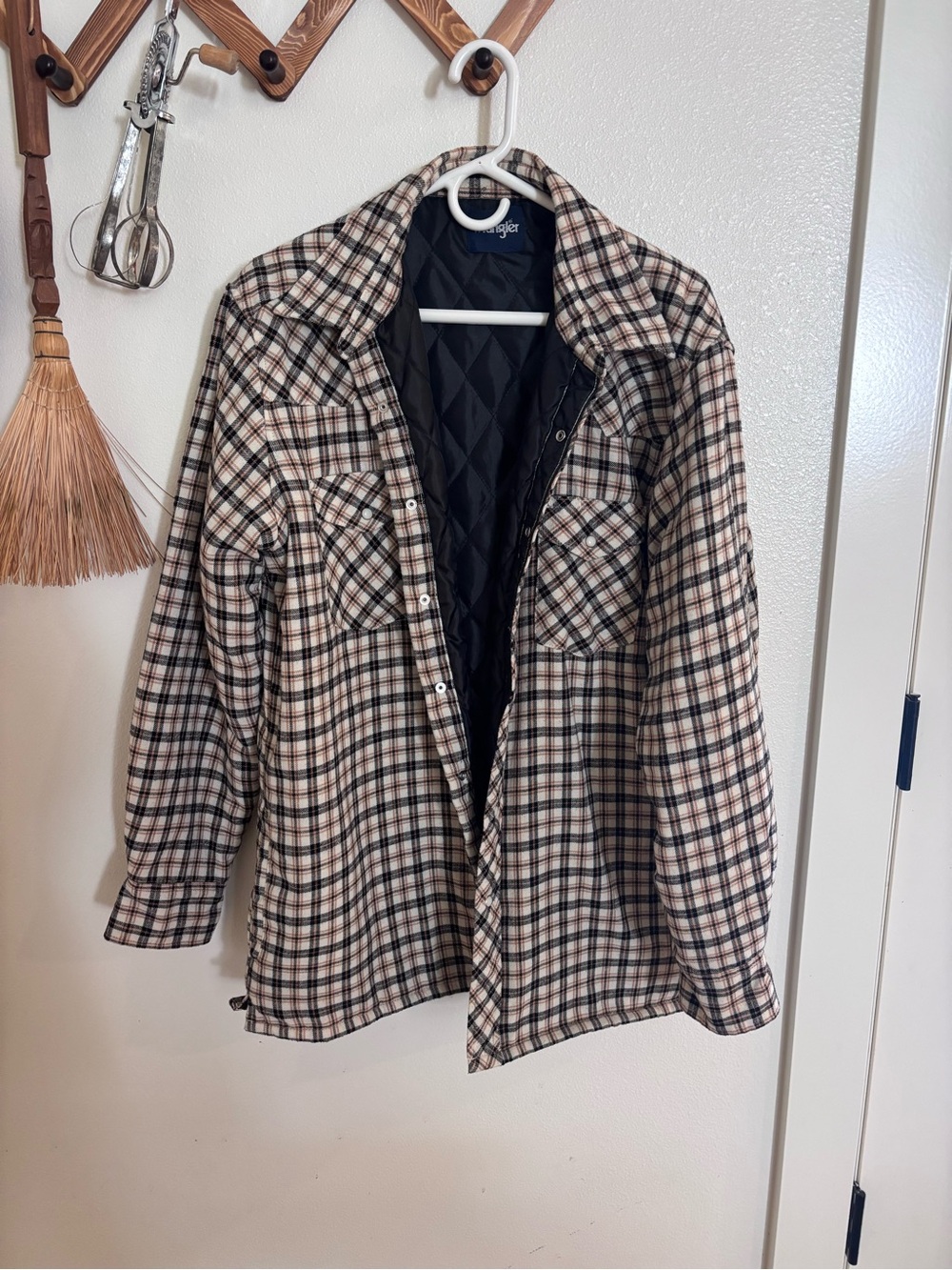 Wrangler Plaid Quilted-Lined Shirt Jacket in Beige and Black